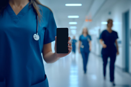 Nurse in scrubs holding smartphone at hospital hallway with blurred background and depth of fieldの写真素材