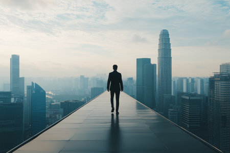 Futuristic business concept businessman walking on skyscraper roof with city skyline backgroundの写真素材