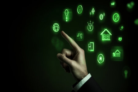 Businessman engaging with green energy icons for sustainable development and protectionの写真素材