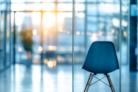 Contemporary office ambiance with glass walls and blue chair for corporate design presentationsの写真素材