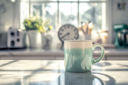 Elegant coffee mug on marble countertop with serene kitchen background and natural lighting effectsの写真素材
