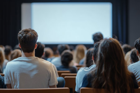 Audience in auditorium engaged in conference presentation with focus on speaker from behindの写真素材