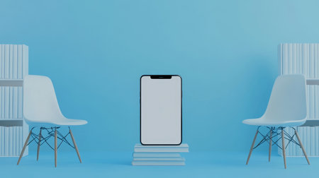 3d smartphone mockup with white chairs and books on blue background for educational design conceptの写真素材