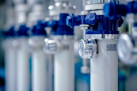 Close up of white and blue water filter pipes with silver caps in laboratory setting with copy spaceの写真素材