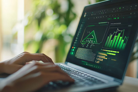 Close up of a person using an eco friendly laptop with energy label and green graph illustration