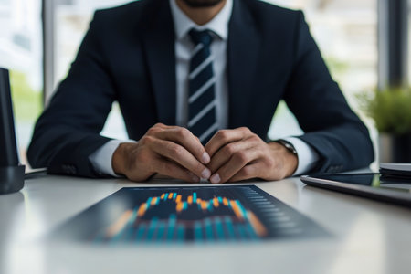 Businessman analyzing stock market trends at his desk with graph displayed on a white backgroundの写真素材