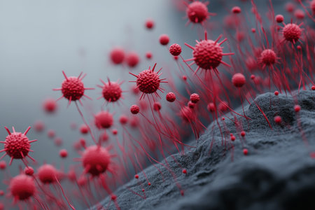 Close up of numerous red viruses against a blurred gray background with design space for textの写真素材