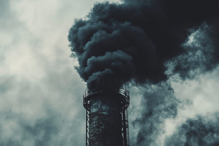 Black smoke from industrial chimney under gray sky symbolizes severe environmental pollution issues