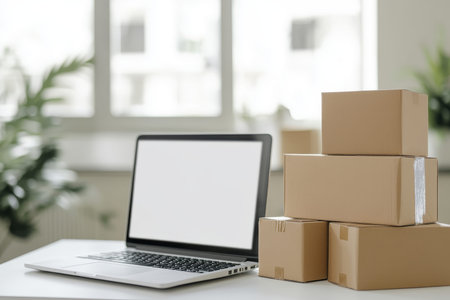 Minimalist online shopping concept featuring cardboard boxes and a laptop on a white table