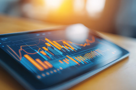 Digital tablet showcasing stock market charts and graphs in a blurred financial background