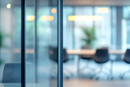 Abstract blurred background of a modern office interior featuring glass door and meeting roomの写真素材