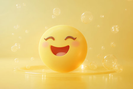Playful 3d emoji character floating amid bubbles and soft light in a minimalist yellow backgroundの写真素材