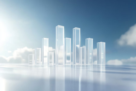 Minimalist 3d render of a glass bar graph against a clear sky background in soft lighting