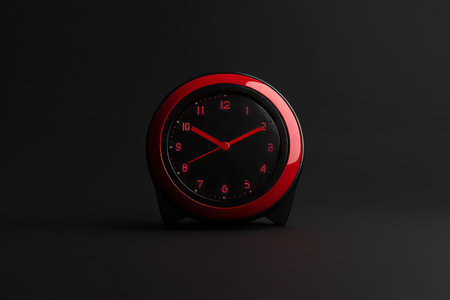 Red alarm clock against black background a minimalist time concept with ample copy spaceの写真素材
