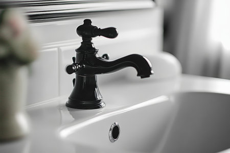 Close up of a black faucet on a white bathroom sink in a minimalist luxury interior designの写真素材