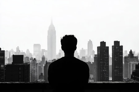 Silhouette of a young man gazing at a city skyline in striking black and white photography