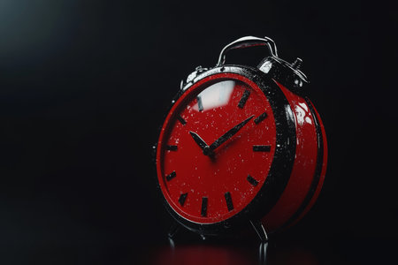 Close up of a red alarm clock on a black background with space for text or design time conceptの写真素材