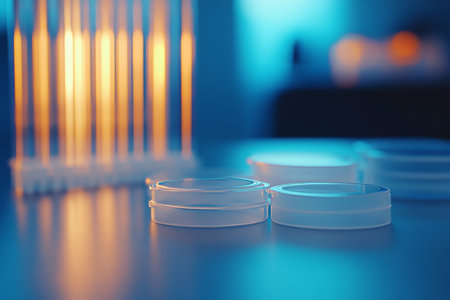 Close up of petri dishes on a laboratory table with glass tubes and subtle blue gradient lightingの写真素材