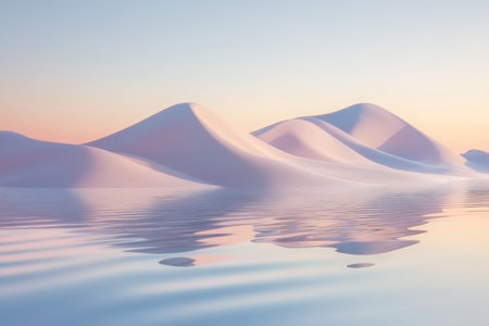 Serene 3d landscape of smooth white desert dunes reflecting water at sunrise in pastel tonesの写真素材