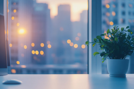 Blurry office background with panoramic windows and white desk for business presentation useの写真素材