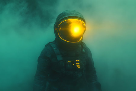 Astronaut in fog a hyper realistic cinematic scene with yellow helmet light and misty atmosphereの写真素材