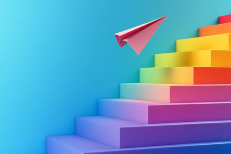 Colorful paper airplane flying over blue background with rainbow stairs, symbolizing growthの写真素材