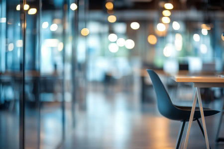 Blurred background of a modern open plan office with desks, glass walls, and business bannerの写真素材