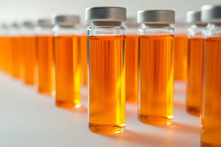 Close up of syringe containing orange liquid in vials against a white background