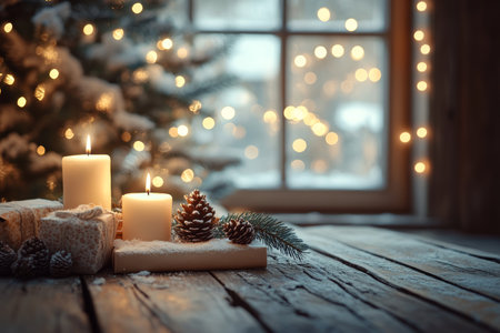 Festive christmas background featuring candles, gifts, and pine cones with a cozy tree sceneの写真素材