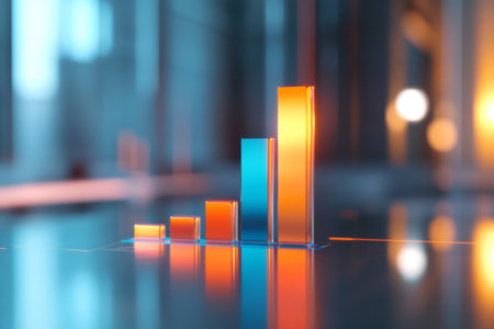 3d render of blue and orange bar graph rising on a business table with a blurred backgroundの写真素材