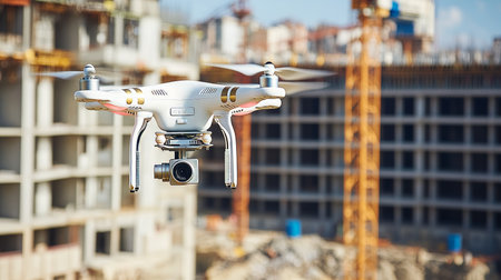 Aerial view of a white drone capturing images over a construction site with motion blur effectsの写真素材