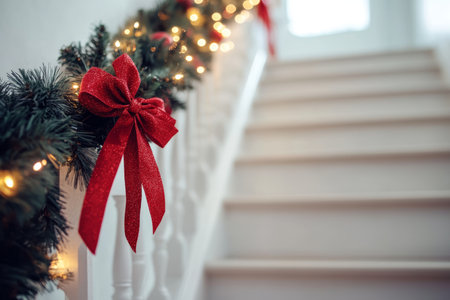 Close up of blurred white stairs adorned with garland and red bow in festive new year interiorの写真素材