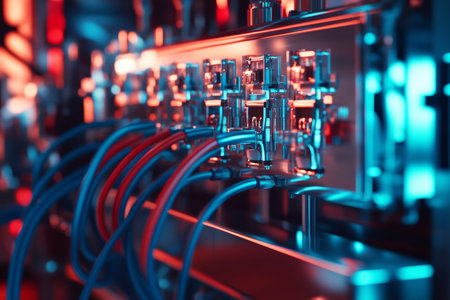 Detailed close up of electrical panel with colorful wires and tech gui in factory control room