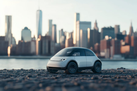 Miniature model of a sleek electric car against new york city skyline and river bank background
