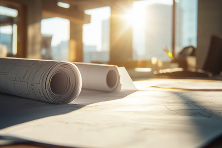 Close up of architectural blueprints and rolled papers with sunlight flareの写真素材