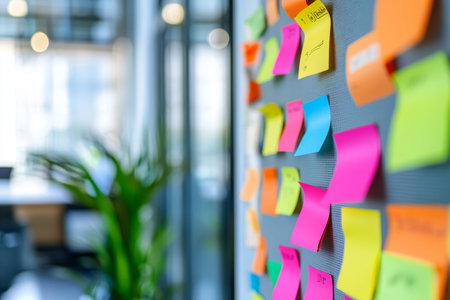 Vibrant sticky notes on office wall with blurred work desk and window in the background