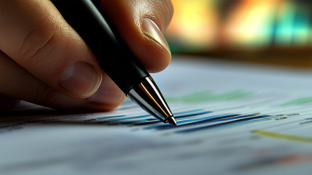 Close up of business professional writing financial report against graph chart with bokeh background