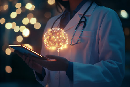 Female doctor showcasing holographic brain network a vision of medical technology and ai innovationの写真素材