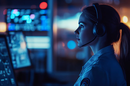 Nighttime image of a female security guard with headset monitors computer screen in cinematic style