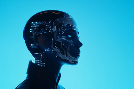 Futuristic human head with circuitry against blue, showcasing ai robot profile and tech aesthetic