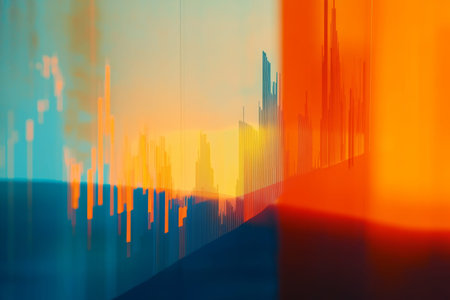 Double exposure photography of financial graph with business background in orange and blue tones
