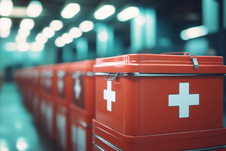 Realistic 3d render of red medical boxes with white crosses in industrial setting with bokeh effect