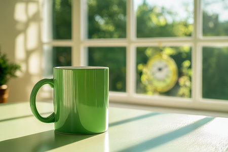 Cozy kitchen scene close up of an empty mug with soft white and green colors in minimalist styleの写真素材