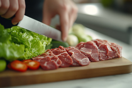 Close up of a woman s hand slicing lettuce on a wooden board surrounded by colorful ingredientsの写真素材
