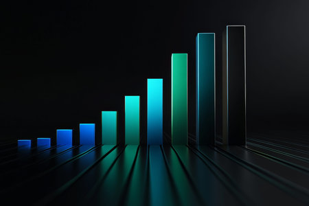 3d representation of a blue and green bar graph against a dark background in photography style