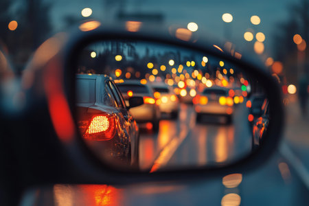 Evening traffic jam captured in rearview mirror with glowing headlights and queuing carsの写真素材