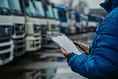 Close up of individual in blue jacket using tablet among parked trucks in cargo yard settingの写真素材