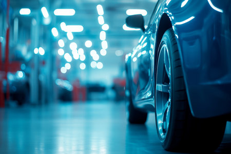 Dynamic view of a modern car factory workshop in light blue with motion blur and realistic daylightの写真素材