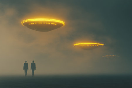 Eerie encounter two figures approach three glowing flying saucers amidst a misty atmosphereの写真素材