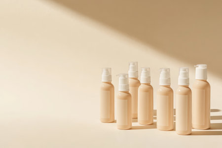 Elegant mockup of unlabeled beige plastic hair product bottles on cream background with soft shadowsの写真素材